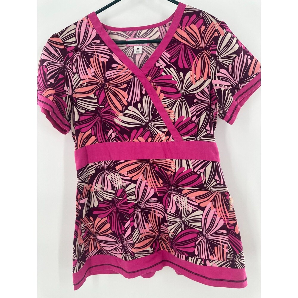 Koi Rylee Mock Wrap Scrub Top Size M Pink Purple Floral Medical Nurse Uniform